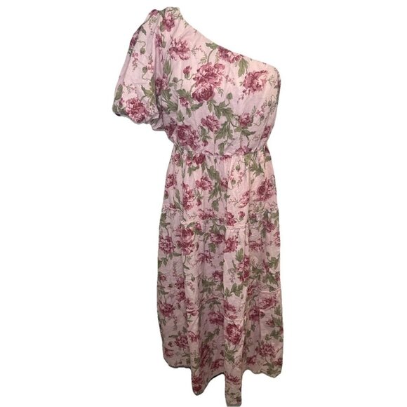 SHOW ME YOUR MUMU Deluca Pink Floral One Shoulder Linen Blend Tiered Dress Sz XL - Picture 1 of 9
